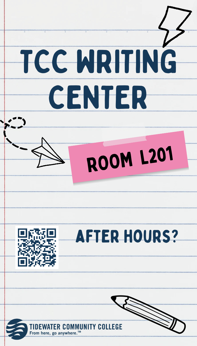 A white background that is styled like a college ruled notebook page contains the text "TCC WRITING CENTER". A pink sticky note has the room number. There are paper airplanes and a line art style pencil decorating the page. There is a QR code that contains a link to after hours tutoring information.